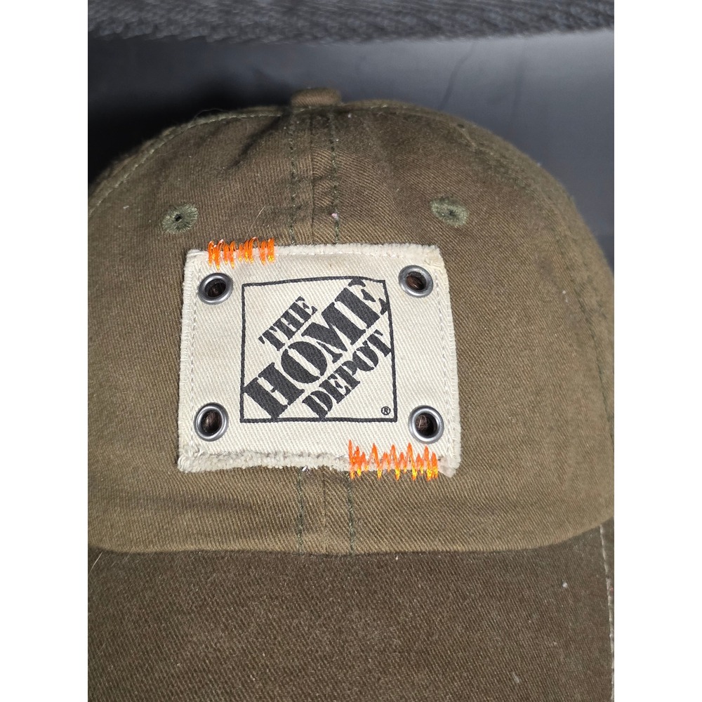 The Home Depot Hat Olive Green Canvas Rivet Patch Strapback Distressed Dad Cap - Picture 7 of 9